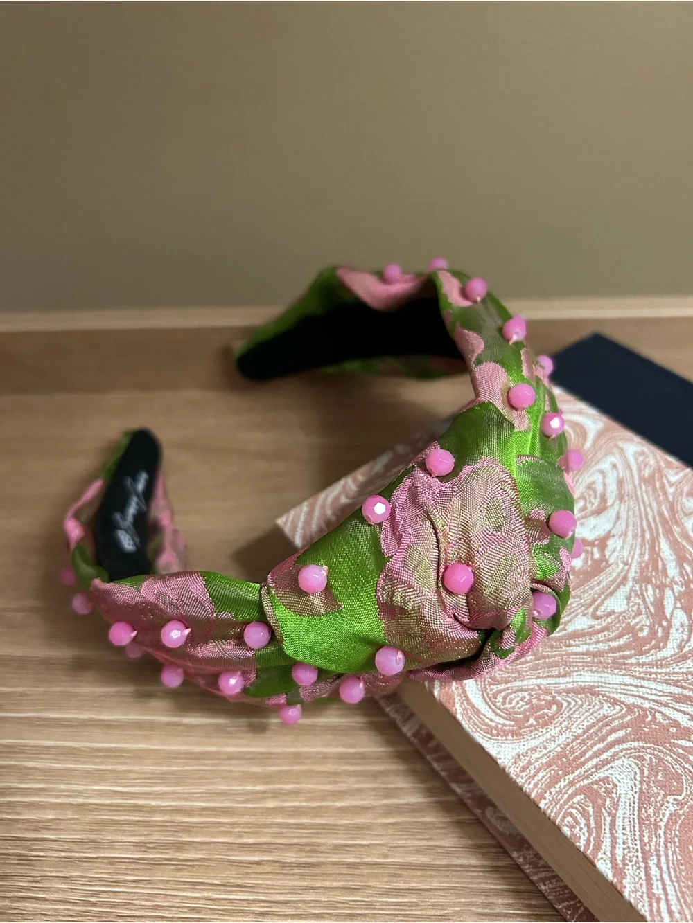Brianna Cannon Pink and Green Floral Satin Twist Knot Beaded Headband